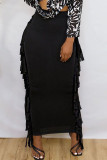 Black Casual Solid Tassel Patchwork Regular High Waist Pencil Solid Color Bottoms