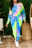 Colour Casual Patchwork Tie-dye Off the Shoulder Long Sleeve Two Pieces