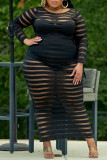 Black Sexy Striped Print Split Joint See-through O Neck Straight Plus Size Dresses