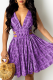 Purple Sexy Print Hollowed Out V Neck Cake Skirt Dresses