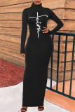 Black Fashion Casual Print Basic Turtleneck Long Sleeve Dresses