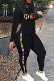 Black Fashion Casual Letter Print Basic O Neck Long Sleeve Two Pieces