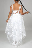 White Sexy Patchwork Embroidered See-through Backless Spaghetti Strap Irregular Dress