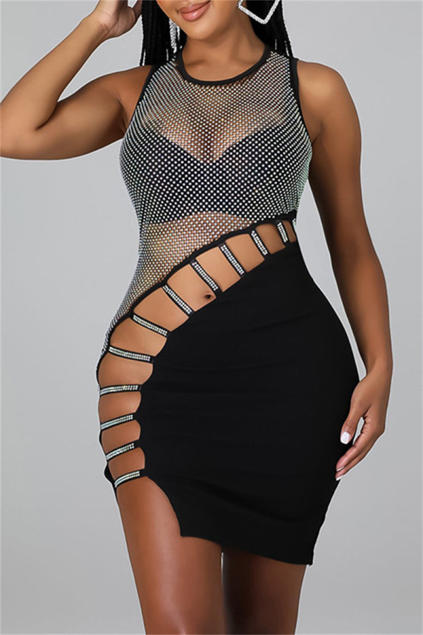 Black Sexy Patchwork Hollowed Out See-through O Neck Sleeveless Dress