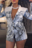 Grey Casual Print Patchwork Turndown Collar Outerwear