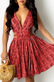 Rose Red Sexy Print Hollowed Out V Neck Cake Skirt Dresses