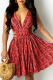 Rose Red Sexy Print Hollowed Out V Neck Cake Skirt Dresses