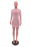 Pink Fashion Casual Solid Patchwork Zipper Collar Long Sleeve Dresses