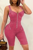 Blue Sexy Solid Patchwork Zipper Collar Skinny Rompers