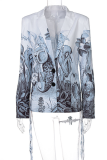 Grey Casual Print Patchwork Turndown Collar Outerwear
