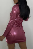 Pink Fashion Sexy Solid Fold Turndown Collar Long Sleeve Dresses