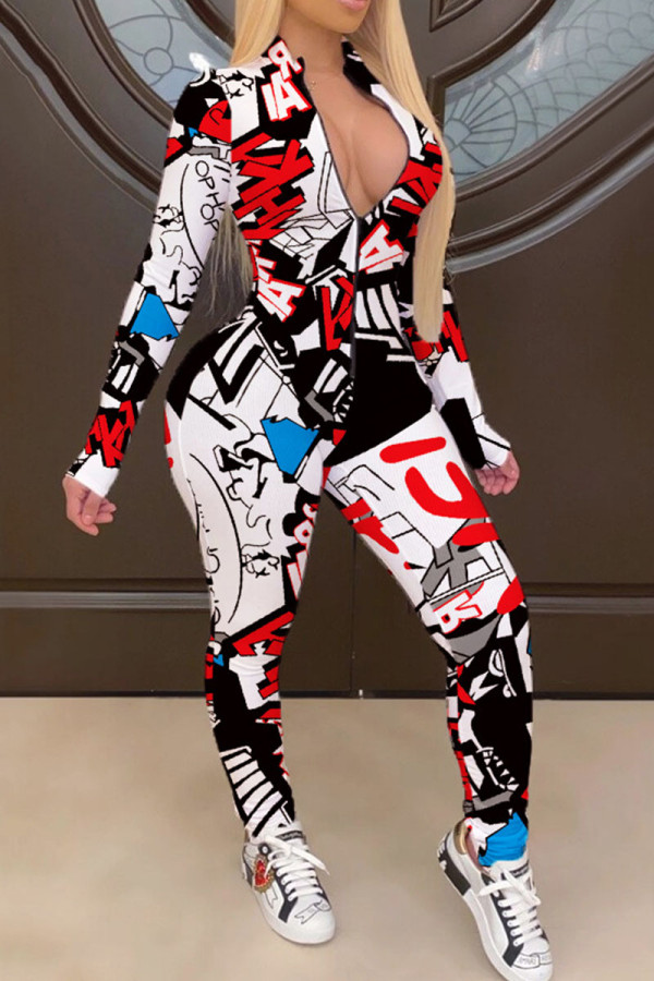 Black White Street Print Patchwork Zipper Zipper Collar Skinny Jumpsuits