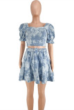 Blue Sexy Casual Patchwork Backless Square Collar Short Sleeve Two Pieces