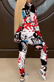 Black White Street Print Patchwork Zipper Zipper Collar Skinny Jumpsuits