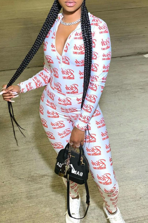 White Sexy Letter Print Patchwork Zipper Collar Skinny Jumpsuits