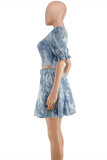 Blue Sexy Casual Patchwork Backless Square Collar Short Sleeve Two Pieces