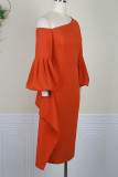 Tangerine Elegant Solid Patchwork Flounce Asymmetrical Oblique Collar Dresses
