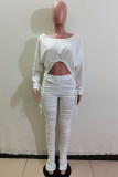 White Fashion Casual Patchwork Solid Patchwork Draw String Fold Pullovers Pants O Neck Long Sleeve Regular Sleeve Regular Two Pieces