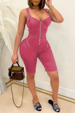 Blue Sexy Solid Patchwork Zipper Collar Skinny Rompers