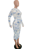 Light Blue Sexy Patchwork Tie-dye O Neck Pencil Skirt Dresses