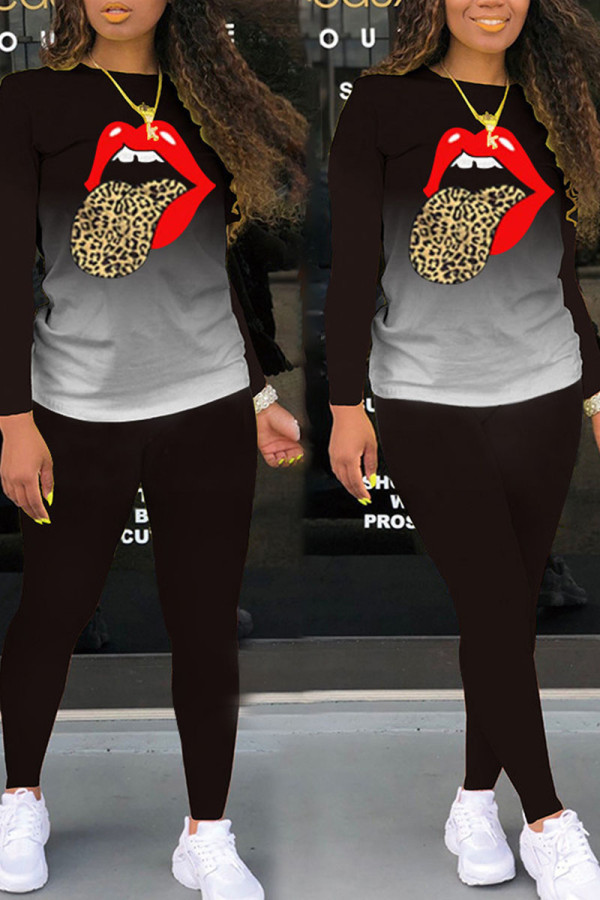 Black Casual Gradual Change Print Patchwork O Neck Long Sleeve Two Pieces