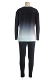 Deep Blue Casual Gradual Change Print Patchwork O Neck Long Sleeve Two Pieces