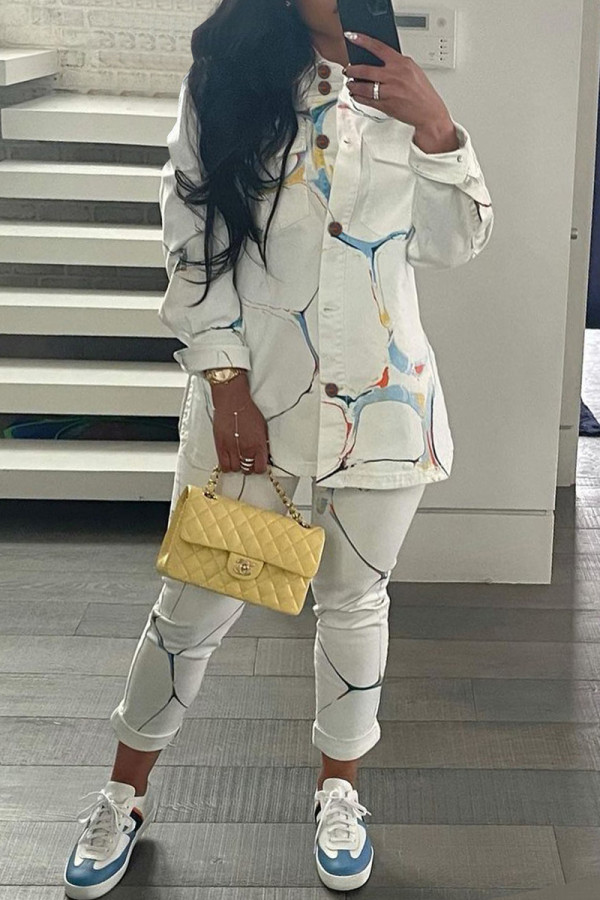 White Fashion Casual Print Buttons Turndown Collar Long Sleeve Two Pieces