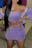 Purple Sexy Solid Patchwork Strapless Long Sleeve Three Pieces