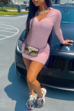 Pink Fashion Casual Solid Patchwork Zipper Collar Long Sleeve Dresses