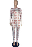 White Sexy Letter Print Patchwork Zipper Collar Skinny Jumpsuits