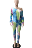 Colour Casual Patchwork Tie-dye Off the Shoulder Long Sleeve Two Pieces