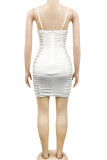 White Sexy Solid Hollowed Out Patchwork Spaghetti Strap Pencil Skirt Dresses