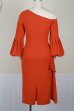Tangerine Elegant Solid Patchwork Flounce Asymmetrical Oblique Collar Dresses