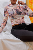Multicolor Fashion Casual Print Basic O Neck Tops