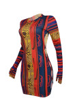 Red Fashion Sexy Print Hollowed Out O Neck Long Sleeve Dresses