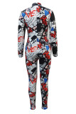 Black White Street Print Patchwork Zipper Zipper Collar Skinny Jumpsuits
