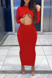 Red Sexy Solid Hollowed Out Patchwork O Neck Pencil Skirt Dresses