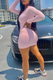 Pink Fashion Casual Solid Patchwork Zipper Collar Long Sleeve Dresses