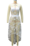 White Sexy Patchwork Embroidered See-through Backless Spaghetti Strap Irregular Dress