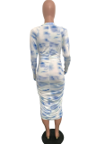 Light Blue Sexy Patchwork Tie-dye O Neck Pencil Skirt Dresses