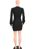 Black Sexy Solid Split Joint Flounce Fold V Neck Pencil Skirt Dresses