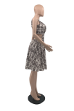 Rose Red Sexy Print Hollowed Out V Neck Cake Skirt Dresses