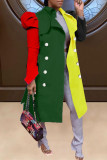 Red Green Fashion Casual Patchwork Cardigan Turndown Collar Outerwear