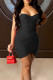 Black Sexy Solid Patchwork Fold Asymmetrical Spaghetti Strap Sling Dress Dresses