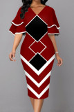 Burgundy Elegant Geometric Print Split Joint V Neck Pencil Skirt Dresses