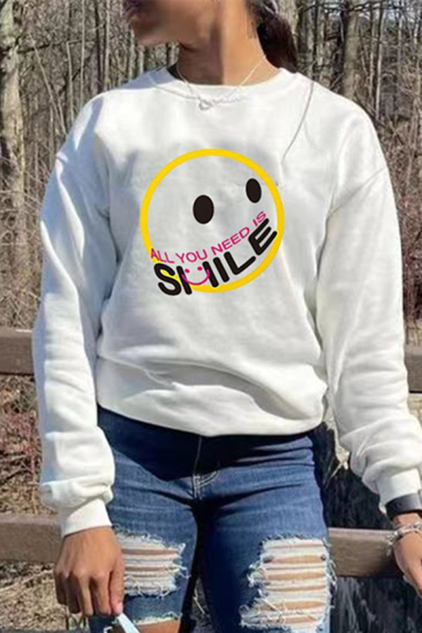 White Fashion Casual Print Basic O Neck Tops