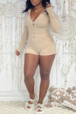 Grey Casual Solid Patchwork Buckle Turndown Collar Skinny Rompers