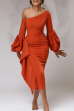 Tangerine Elegant Solid Patchwork Flounce Asymmetrical Oblique Collar Dresses