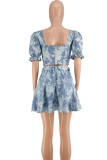Blue Sexy Casual Patchwork Backless Square Collar Short Sleeve Two Pieces
