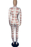 White Sexy Letter Print Patchwork Zipper Collar Skinny Jumpsuits